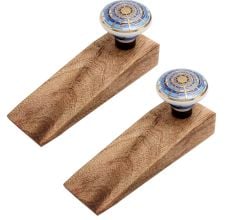 2 Pieces Blue Sapphire Hue Golden Pattern Ceramic Wooden Door Stopper